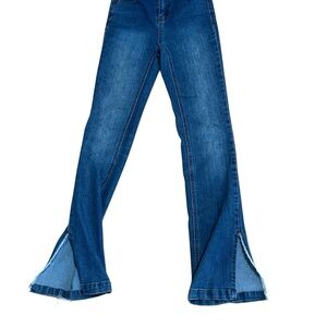 High-Rise Blue Flare Jeans with Front Slit